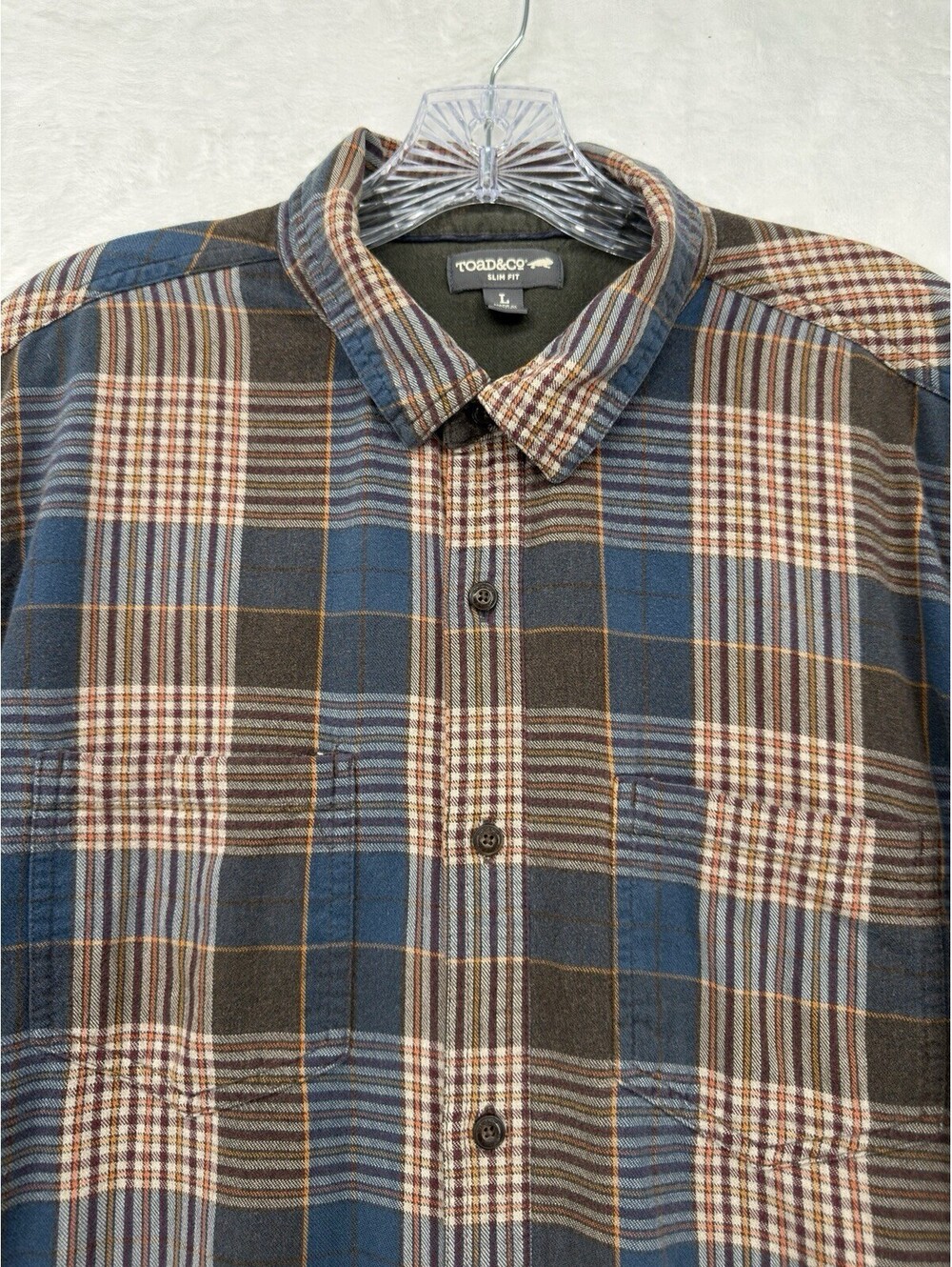 Toad And Co Mens Flannel Shirt Large Brown Blue Plaid Button Up *FlawRead